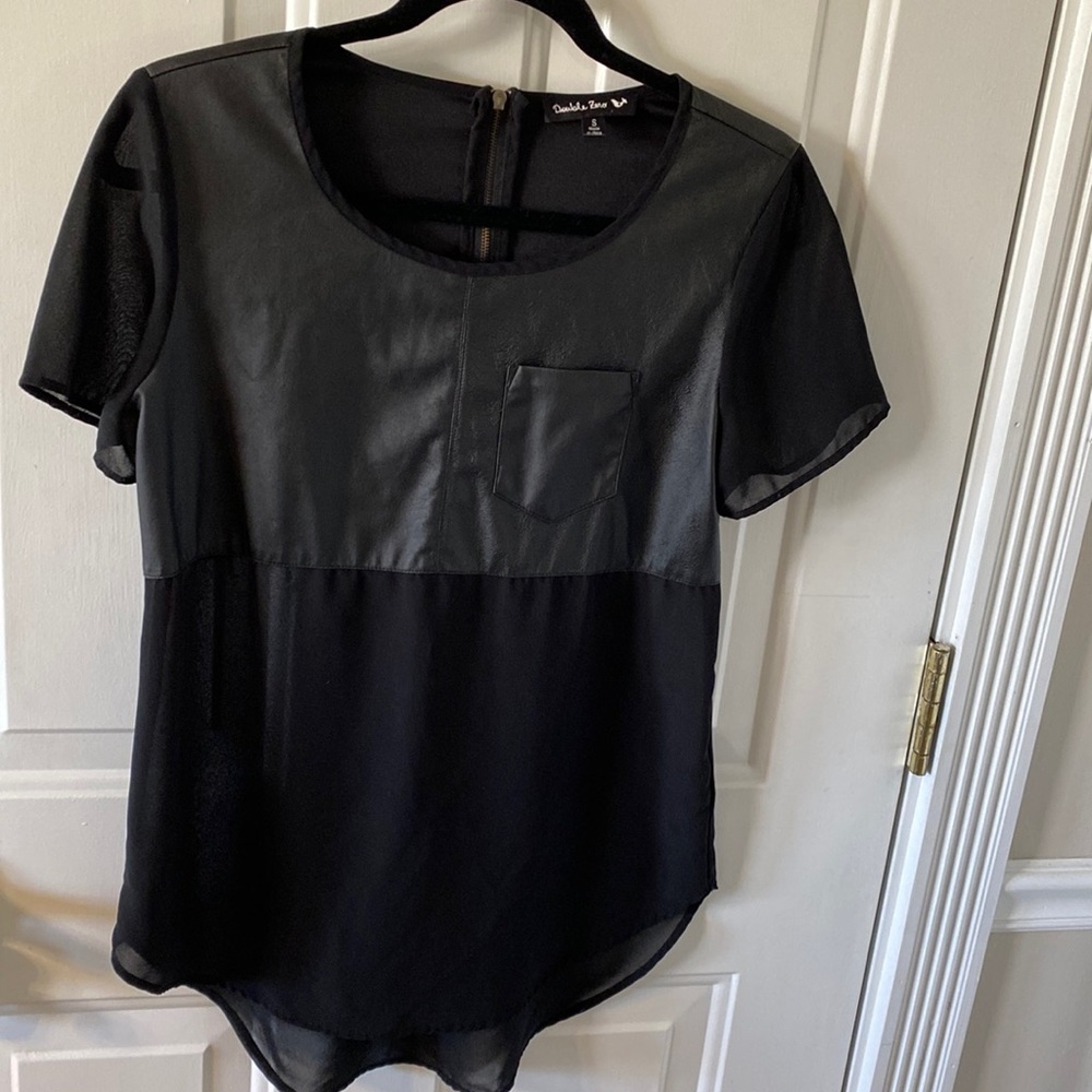 women’s black half sheer half feaux leather, pocket, short sleeve, zipper inback